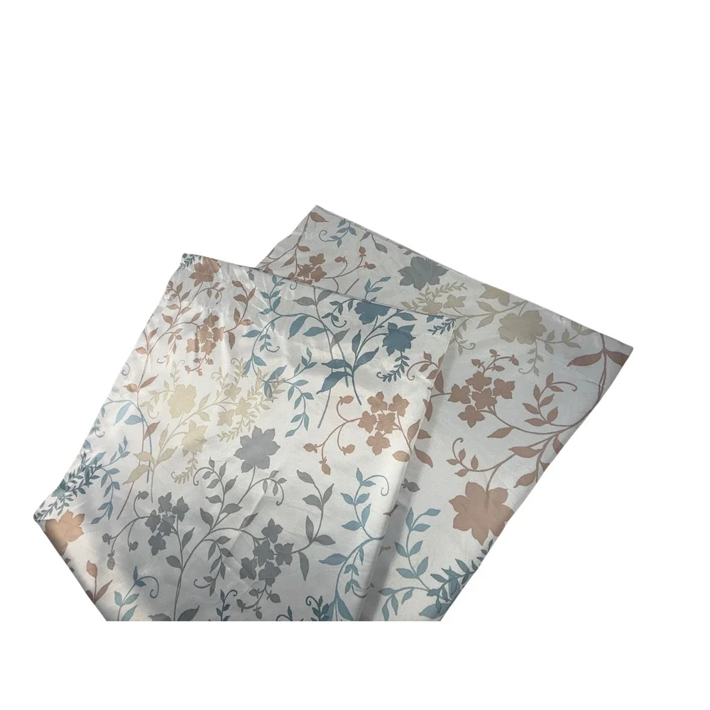 Pair of Floral Print Curtains Drapes Faux Silk Green Blue Brown 2 Panels Leaf